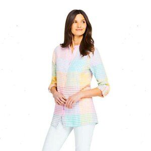Lands’ End 100% Linen Roll Sleeve Tunic Top Shirt White Rainbow Plaid  Small 6-8